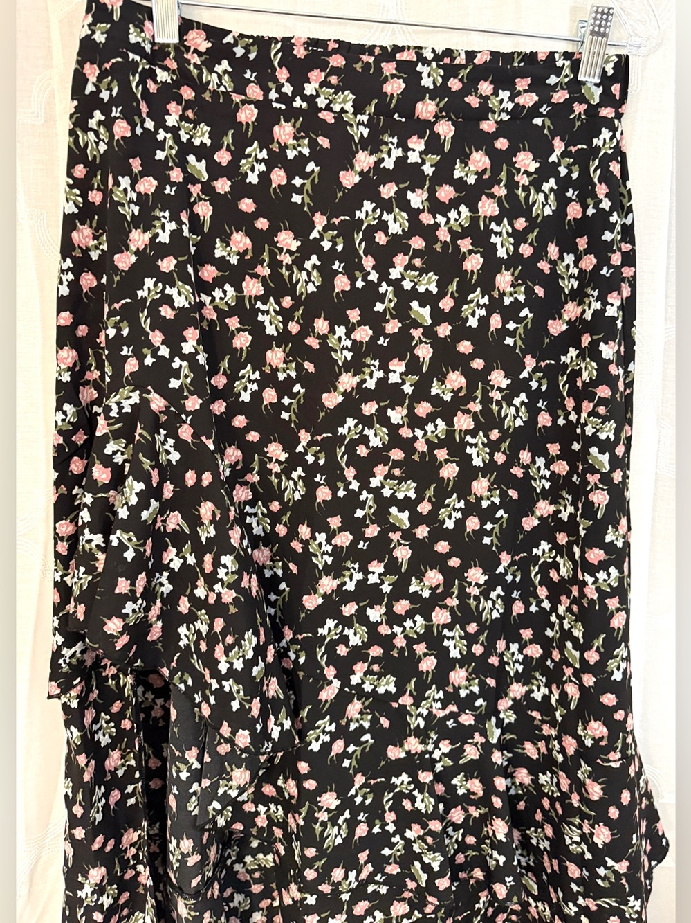 BTFBM Black Floral Wrap Midi Skirt Ruffle Hem Boho Romantic Size Large - Picture 6 of 13